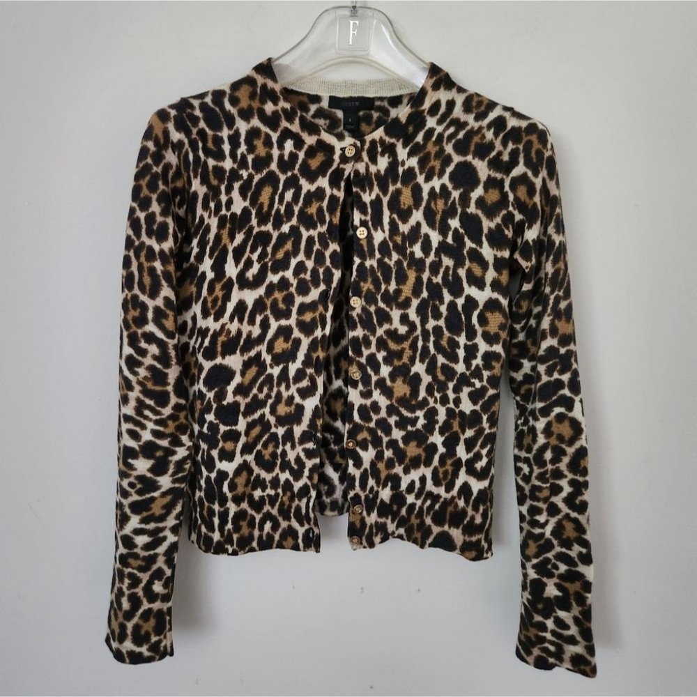 J. CREW | 💯 merino wool cardigan brown cream animal print sz S
